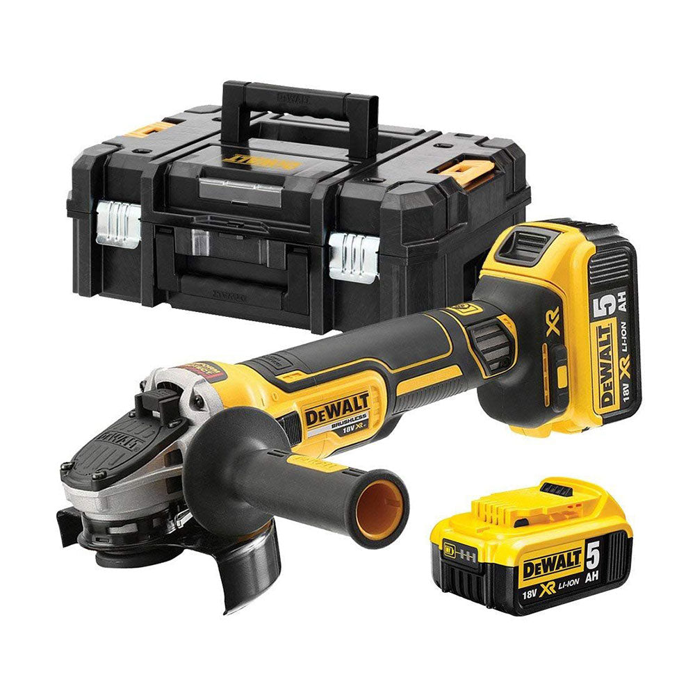MINI-AMOLADORA SIN ESCOBILLAS XR 18V 125mm CON 2 BATERÍAS Li-Ion 5AH, CARGADOR Y MALETÍN TSTAK II DCG405P2-QW