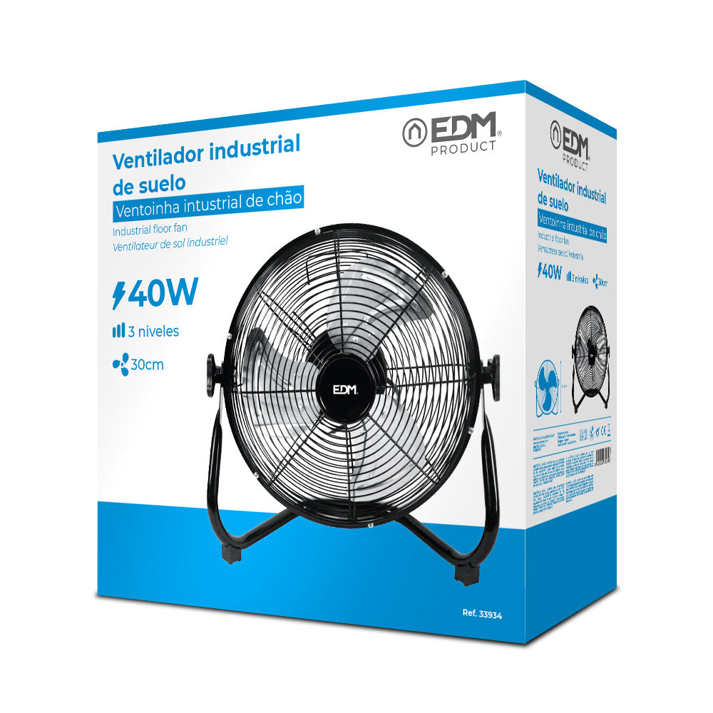 VENTILADOR INDUSTRIAL DE SUELO. COLOR NEGRO 40 w ASPAS Ø30 x 41 cm
